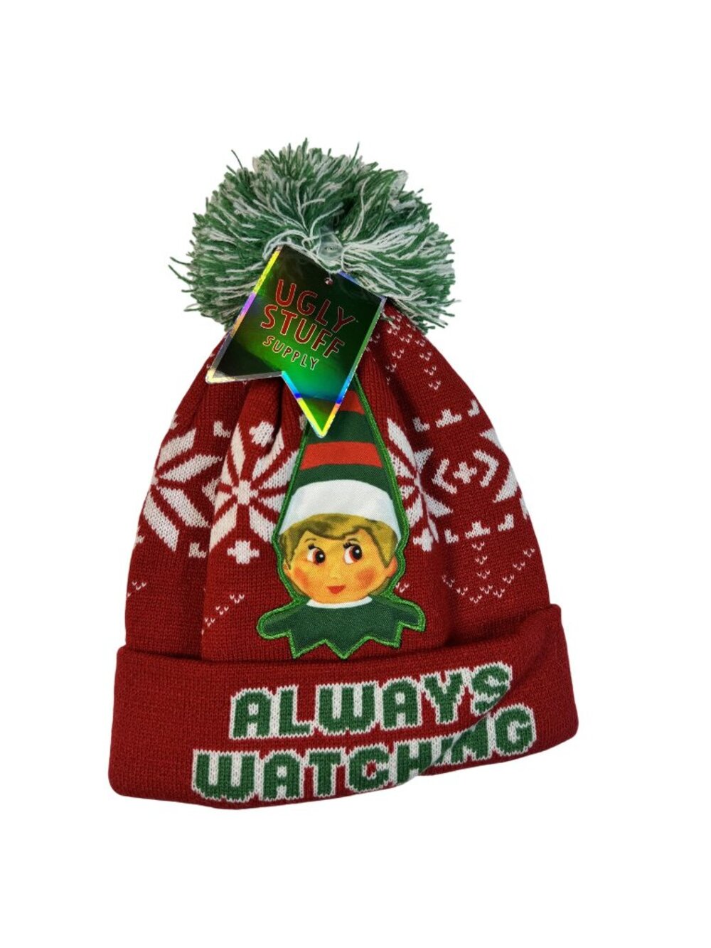 Ugly Stuff Supply Elf Always Watching Red Knit Beanie Green Pom
